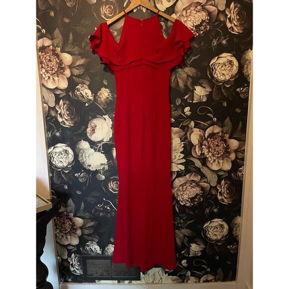Badgley Mischka Crossover Ruffle Gown 8 Red Cold Shoulder Formal Maxi - Picture 7 of 9